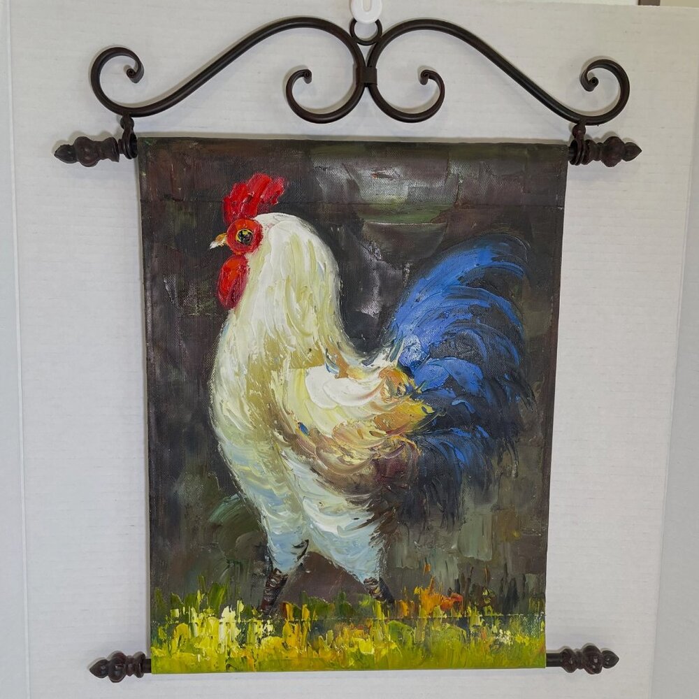 Hand-Painted Rooster Canvas Wall Painting Art with Decorative Metal Scroll Frame